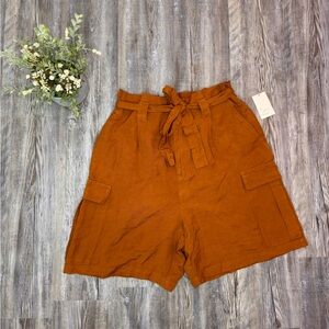 A New Day Womens Linen Blend Burnt Orange Cargo Shorts Pockets Mid Rise Large